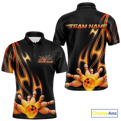 Custom Flame Bowling Team Polo Shirts For Men, Bowling Tournament Team Outfit IPHW9287