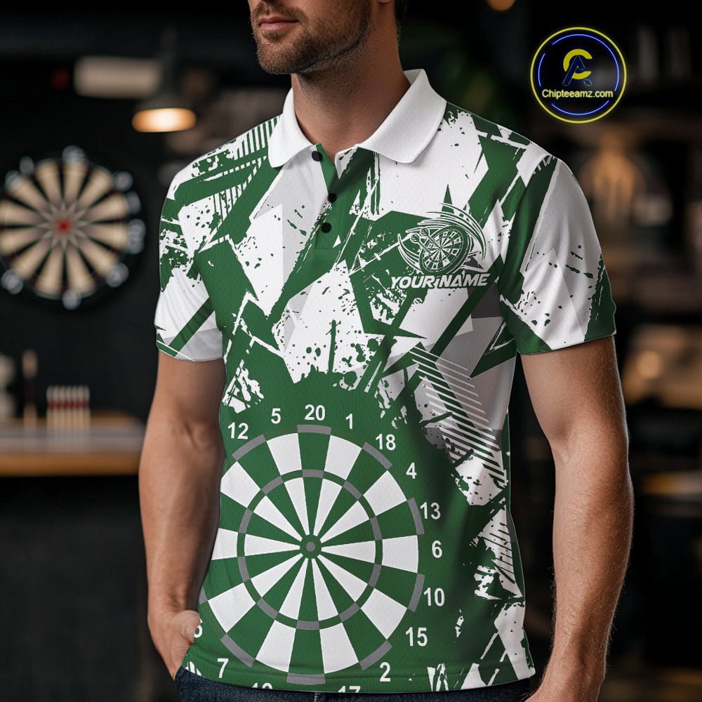 Custom Grunge Splatter Green And White Dartboard Dart Team Men Polo Shirts, Dart Jerseys IPHW9972