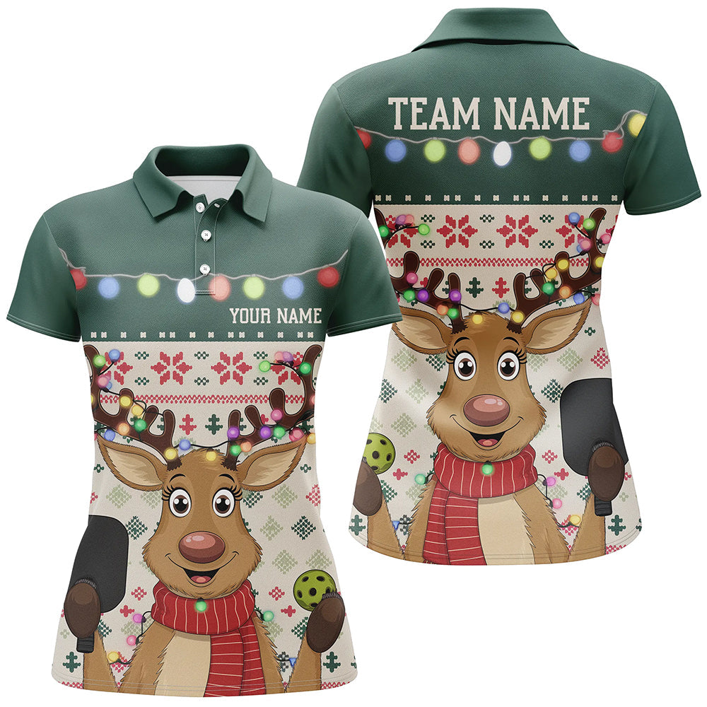 Custom Funny Christmas Reindeer Pickleball Polo Shirts For Women, Xmas Pickleball Outfit IPHW8088
