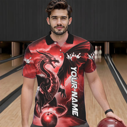 Custom Red Thunder Lightning Dragon Bowling Polo Shirts For Men, Dragon Bowling Uniform IPHW8303