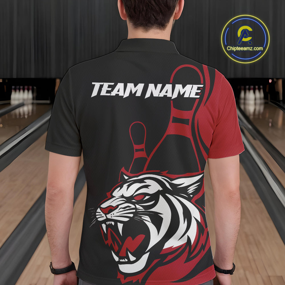 Custom Black And Red Tiger Bowling Jerseys, Tiger Bowling Team Men Polo Shirts IPHW9014