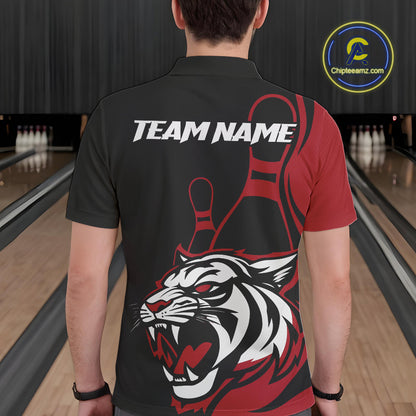 Custom Black And Red Tiger Bowling Jerseys, Tiger Bowling Team Men Polo Shirts IPHW9014