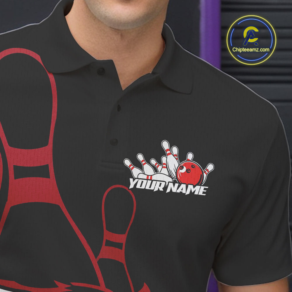 Custom Black And Red Tiger Bowling Jerseys, Tiger Bowling Team Men Polo Shirts IPHW9014