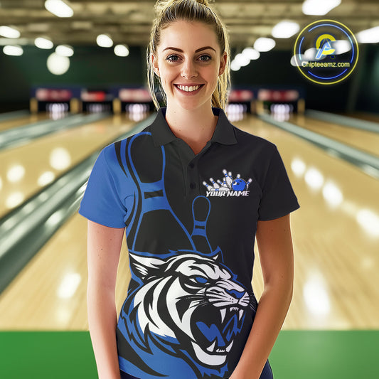 Custom Black And Blue Tiger Bowling Jerseys, Tiger Bowling Team Women Polo Shirts IPHW9015