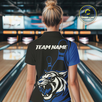 Custom Black And Blue Tiger Bowling Jerseys, Tiger Bowling Team Women Polo Shirts IPHW9015