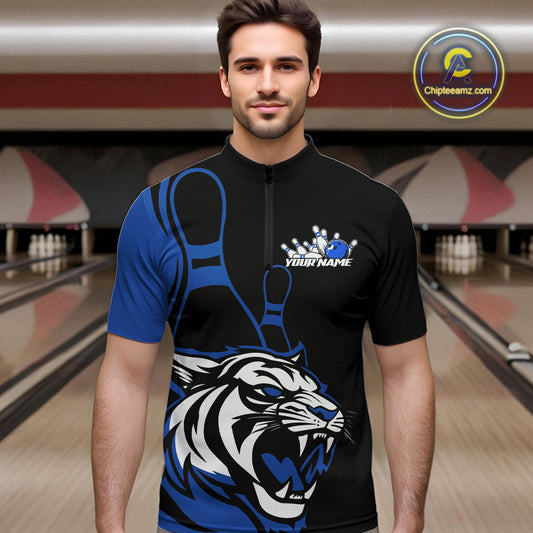 Custom Black And Blue Tiger Bowling Jerseys, Tiger Bowling Team Men Quarter-Zip Shirts IPHW9015