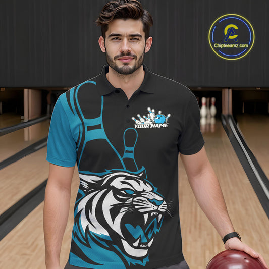 Custom Black And Cool Blue Tiger Bowling Jerseys, Tiger Bowling Team Men Polo Shirts IPHW9016