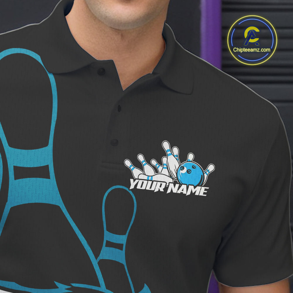 Custom Black And Cool Blue Tiger Bowling Jerseys, Tiger Bowling Team Men Polo Shirts IPHW9016