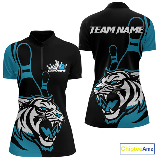Custom Black And Cool Blue Tiger Bowling Jersey Bowling Team Women Quarter-Zip Shirt IPHW9016