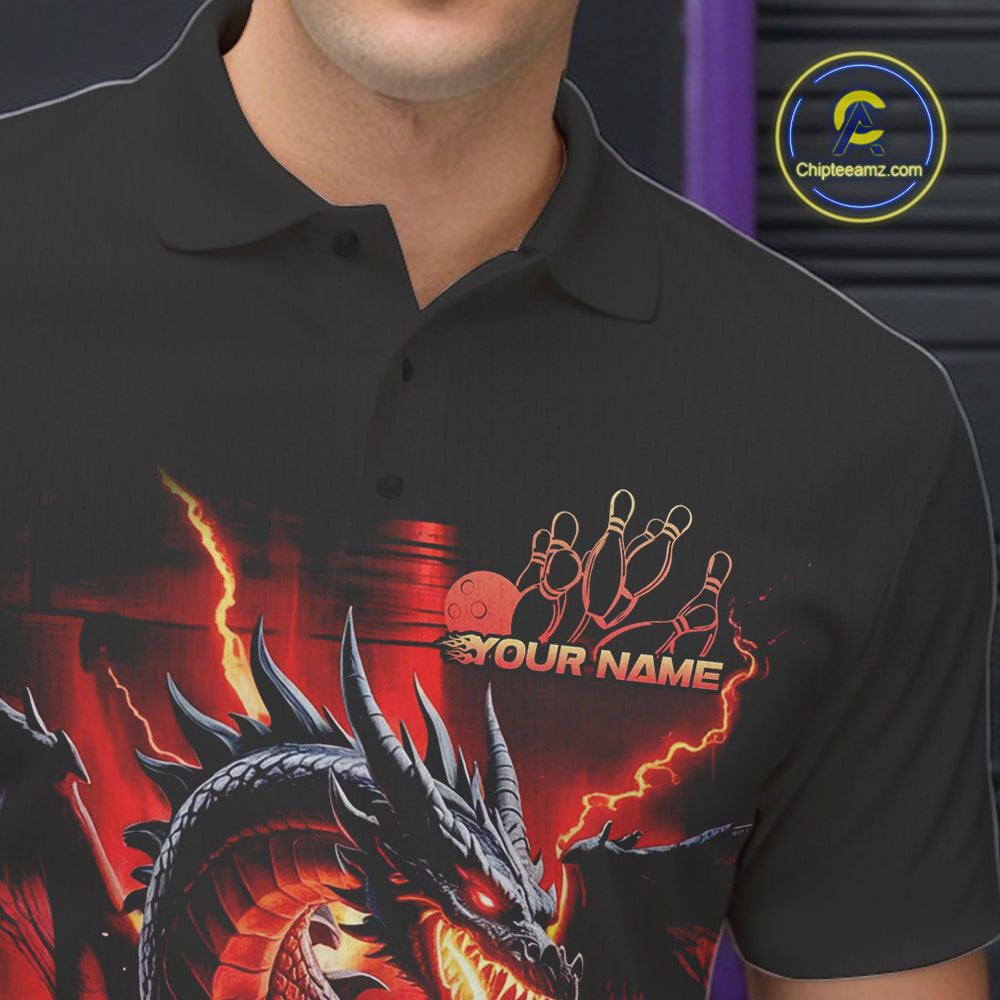 Custom Red Thunder Lightning Dragon Men Polo Shirts, Dragon Team Bowling League Shirt IPHW9024