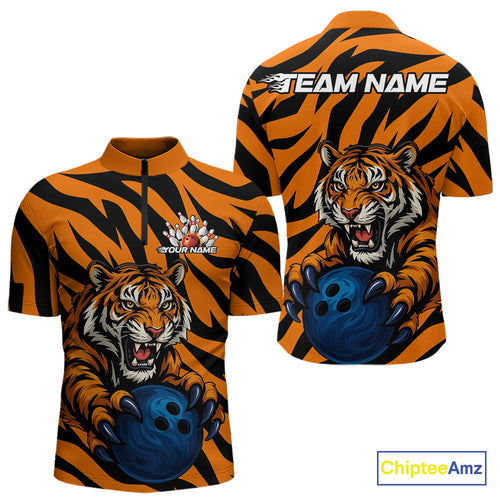 Custom Tiger Bowling Team Quarter-Zip Shirts For Men, Tiger Bowling Team Uniform Bowler Outfit IPHW9025