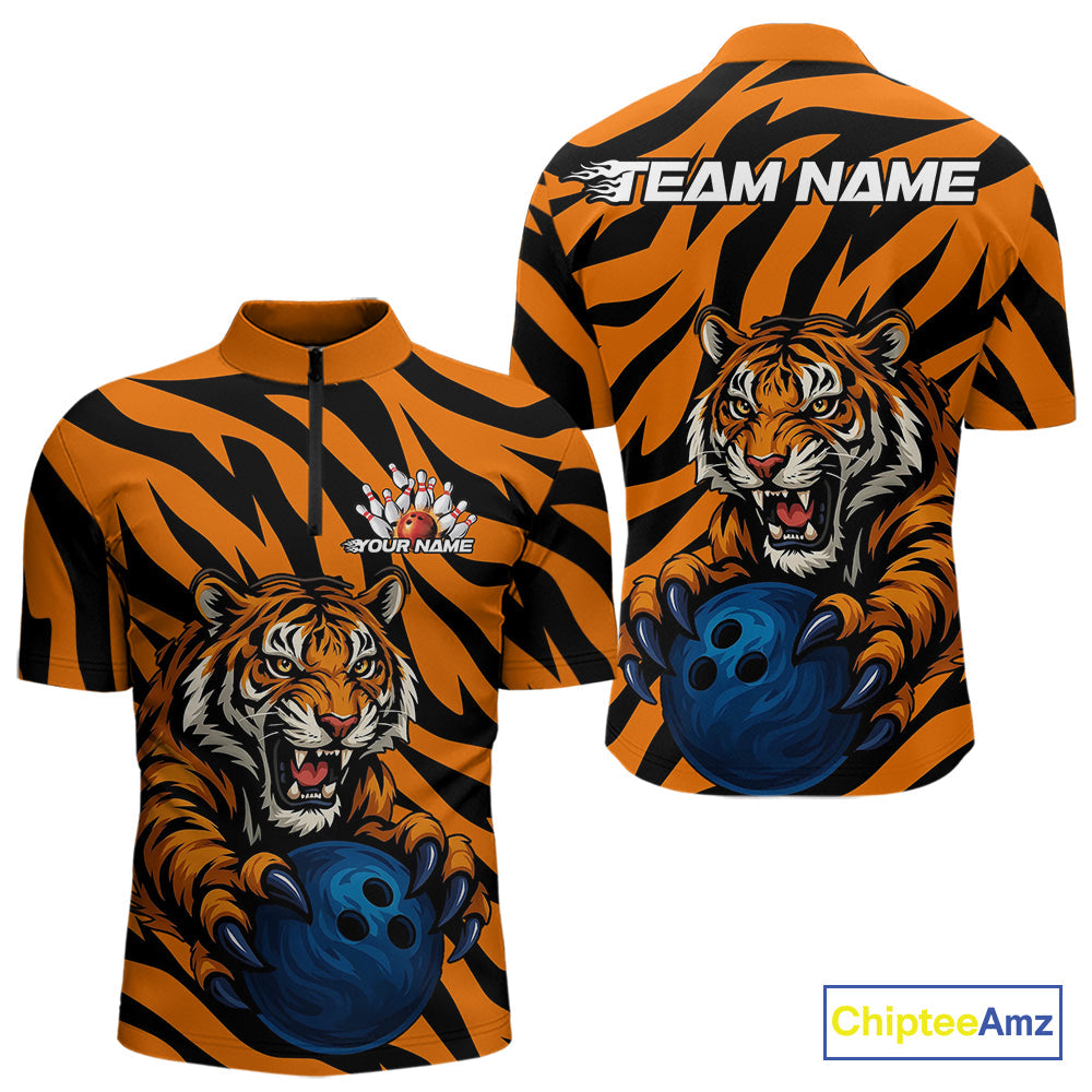 Custom Tiger Bowling Team Quarter-Zip Shirts For Men, Tiger Bowling Team Uniform Bowler Outfit IPHW9025