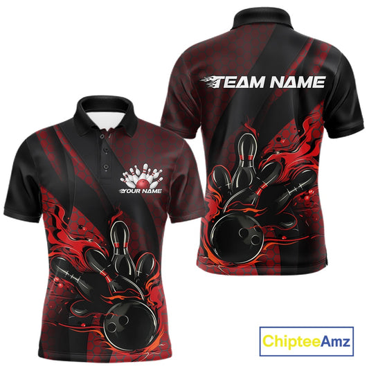 Front and back mockup of a black and red men’s bowling polo shirt showcasing a flaming bowling ball striking pins with hexagon patterns and diagonal stripes.