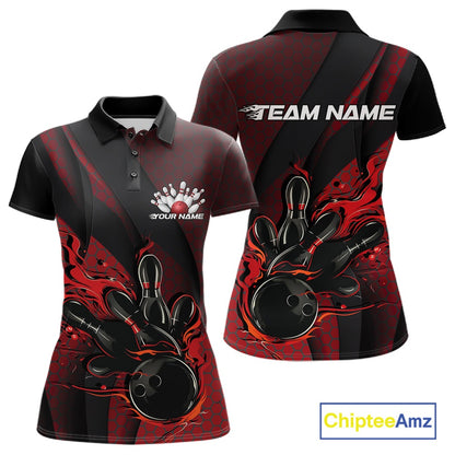 Front and back mockup of a black and red women’s bowling polo shirt featuring a flaming bowling ball striking pins with hexagon patterns and diagonal stripes.