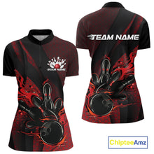 Load image into Gallery viewer, Custom Black And Red Flame Bowling Quarter-Zip Shirt For Women, Bowling Team Jersey IPHW11180