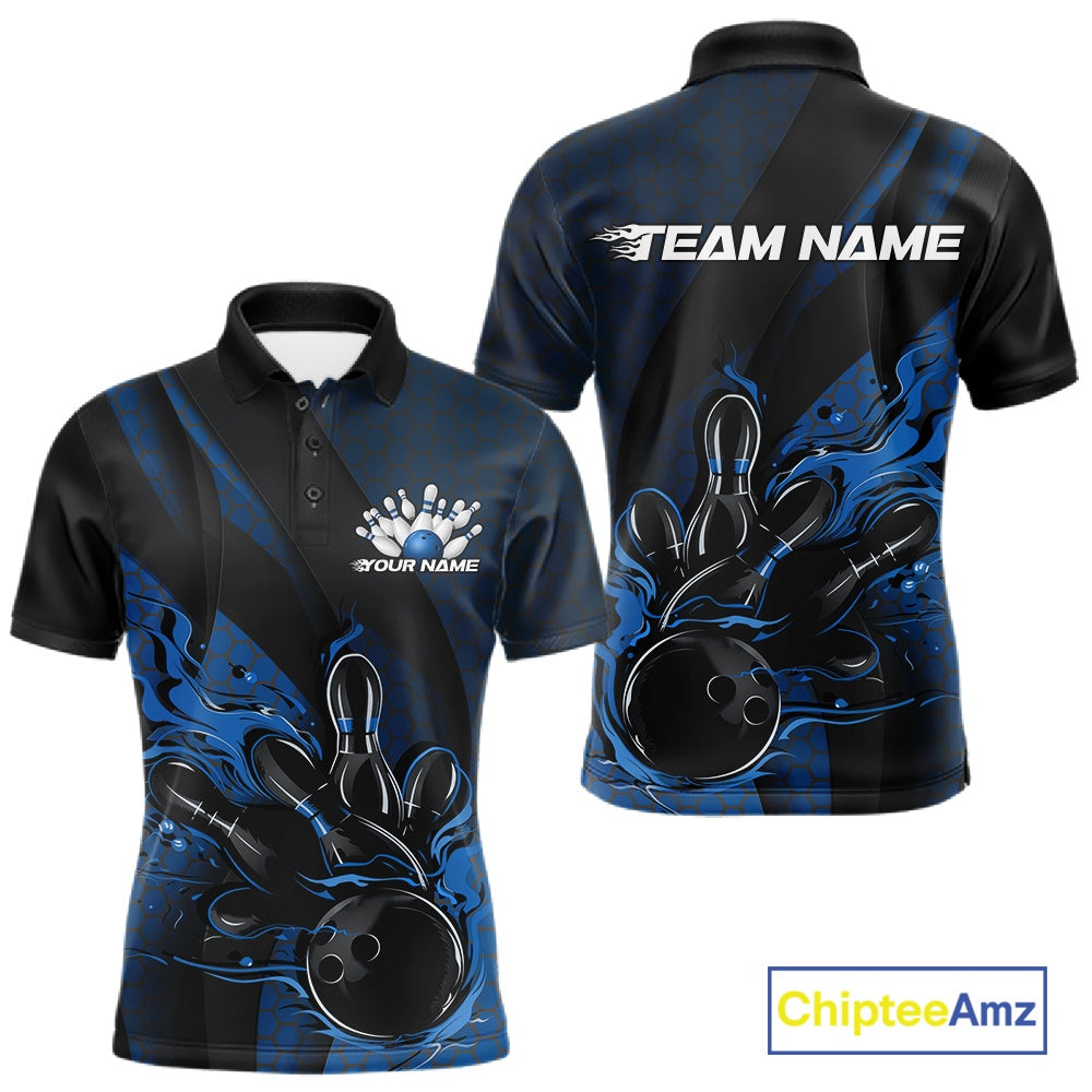 Front and back display of a black and blue men’s bowling polo shirt featuring a flaming bowling ball striking pins with hexagon graphics and diagonal stripes.