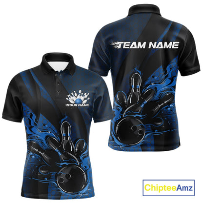 Front and back display of a black and blue men’s bowling polo shirt featuring a flaming bowling ball striking pins with hexagon graphics and diagonal stripes.