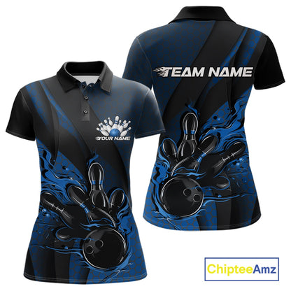 Front and back display of a black and blue women’s bowling polo shirt featuring a flaming bowling ball striking pins with hexagon graphics and diagonal stripes.