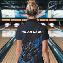 Load image into Gallery viewer, Custom Black And Blue Flame Bowling Polo Shirt For Women, Bowling Team Tournament Jersey IPHW11181