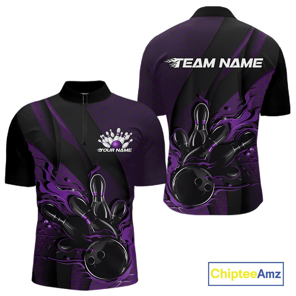 Front and back view of a black and purple men’s bowling quarter-zip shirt featuring a flaming bowling ball striking pins with hexagon graphics and diagonal stripes.