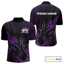 Load image into Gallery viewer, Custom Black And Purple Flame Bowling Quarter-Zip Shirt For Men, Bowling Team Tournament Jersey IPHW11182