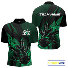 Load image into Gallery viewer, Custom Black And Green Flame Bowling Quarter-Zip Shirt For Men, Bowling Team Tournament Jersey IPHW11184