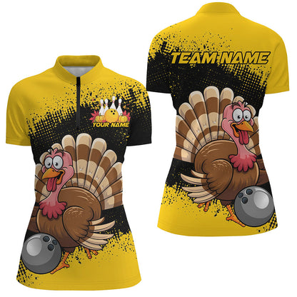Black And Yellow Custom Funny Turkey Bowling Shirts For Women, Thanksgiving Bowling Uniform IPHW7870