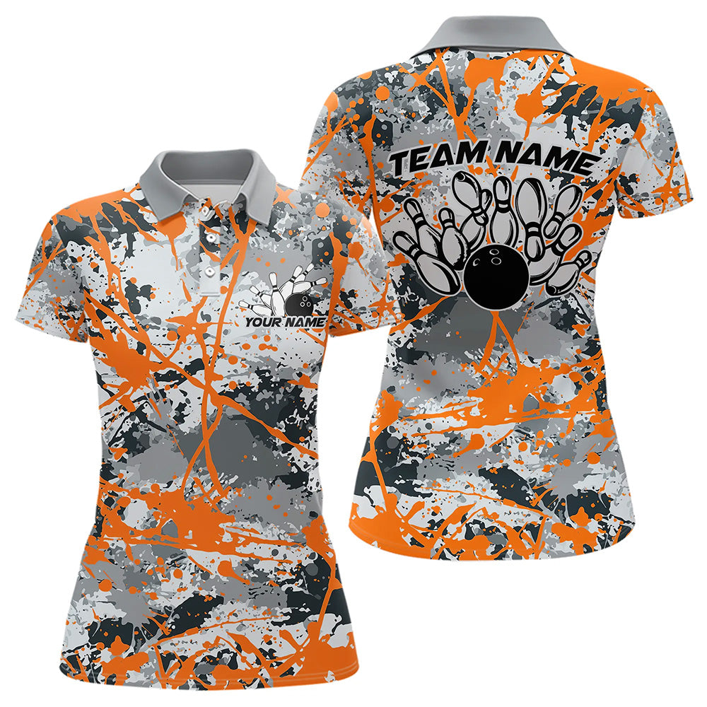 Custom Orange Splatter Bowling Team Polo Shirts For Women, Bowling Tournament Shirts IPHW8310