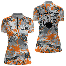 Load image into Gallery viewer, Custom Orange Splatter Bowling Team Quarter-Zip Shirts For Women, Bowling Tournament Shirts IPHW8310
