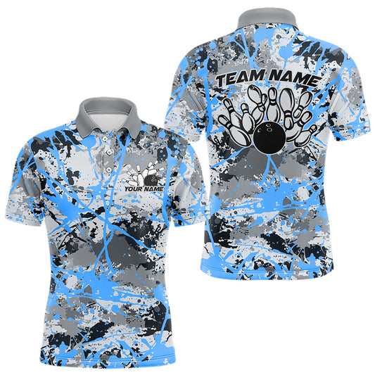 Custom Blue Splatter Bowling Team Polo Shirts For Men, Bowling Tournament Shirts IPHW8311
