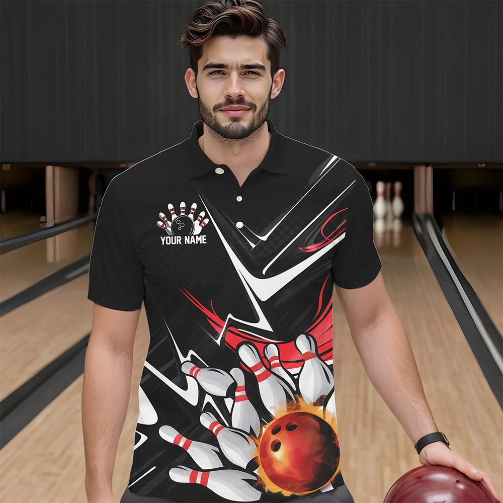 Custom Black And Red Flame Bowling Polo Shirts For Men, Fire Bowling Team Uniform IPHW8316