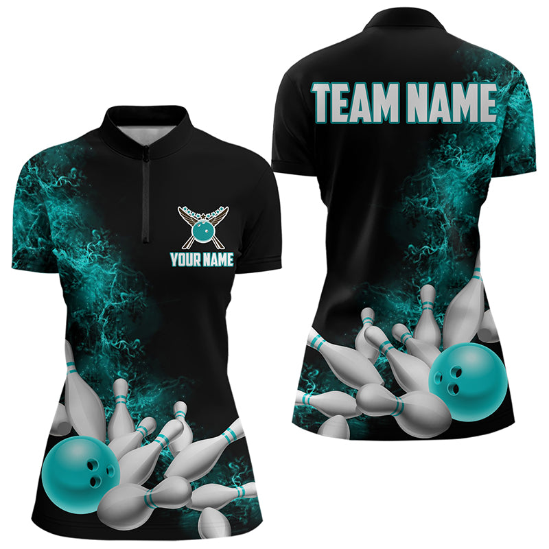 Custom Name Strike Bowling Team Quarter-Zip Shirts For Women, Bowlers Outfit | Ball Blue IPHW6013