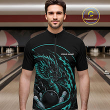 Load image into Gallery viewer, Front view of a male model in a bowling alley wearing a blue custom quarter-zip bowling shirt featuring an aggressive dragon with flames in a dynamic and energetic design.