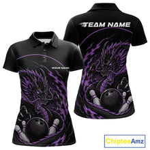 Load image into Gallery viewer, Front and back views of a purple custom women's bowling polo shirt featuring an aggressive dragon with flames in a dynamic and energetic design.