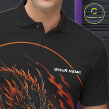 Load image into Gallery viewer, Close-up front view of the left chest area on an orange custom bowling polo shirt featuring an aggressive dragon with flames in a dynamic and energetic design.