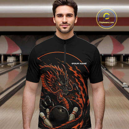 Front view of a male model in a bowling alley wearing an orange custom quarter-zip bowling shirt featuring an aggressive dragon with flames in a dynamic and energetic design.