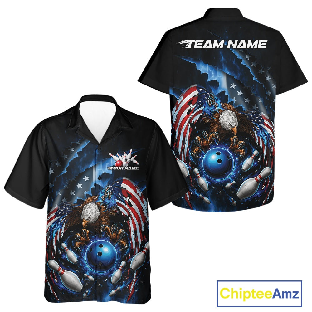 Front and back view of a button up bowling shirt featuring a bald eagle holding a blue bowling ball with flying pins and American flag artwork.