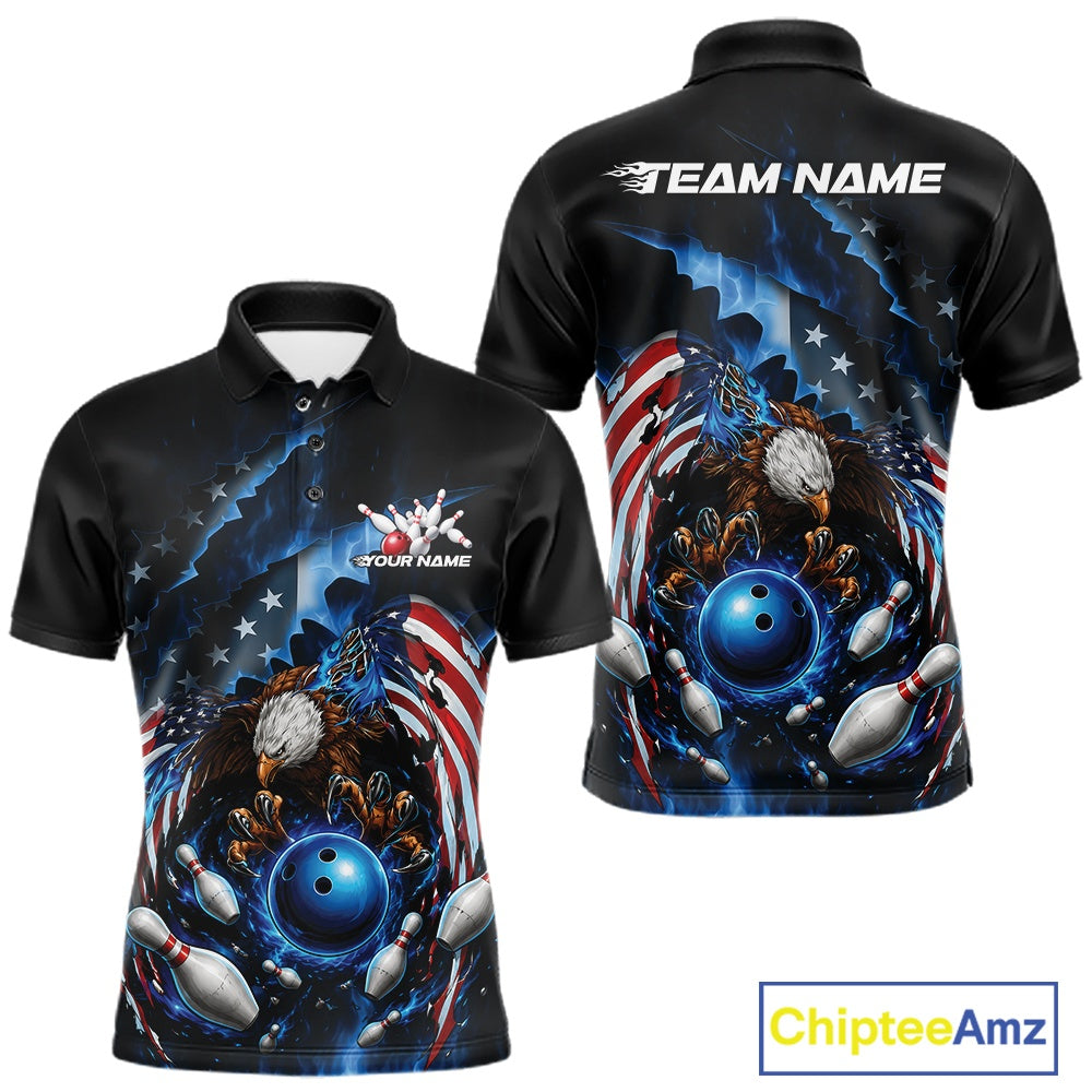 Front and back men’s bowling polo shirt mockup featuring bald eagle gripping a blue bowling ball, flying pins, and an American flag background.