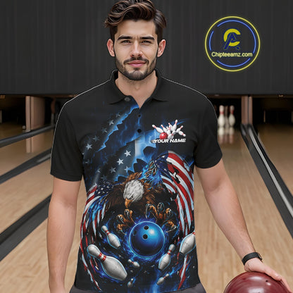 Front view of a male model at a bowling lane wearing a bowling polo shirt with bald eagle, blue bowling ball, flying pins, and American flag artwork.