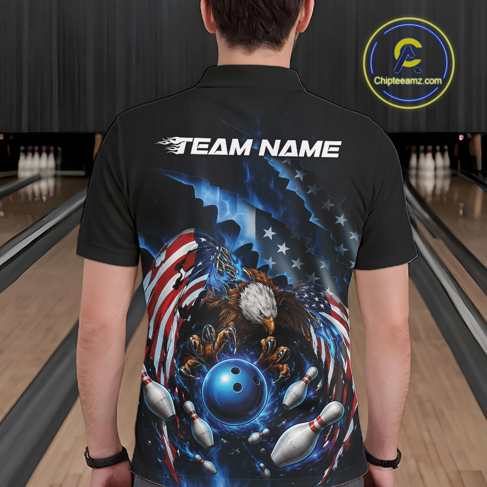 Male model back view in a bowling lane wearing a bowling polo shirt with bald eagle artwork, blue bowling ball, flying pins, and American flag background.