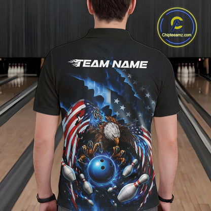 Male model back view in a bowling lane wearing a bowling polo shirt with bald eagle artwork, blue bowling ball, flying pins, and American flag background.