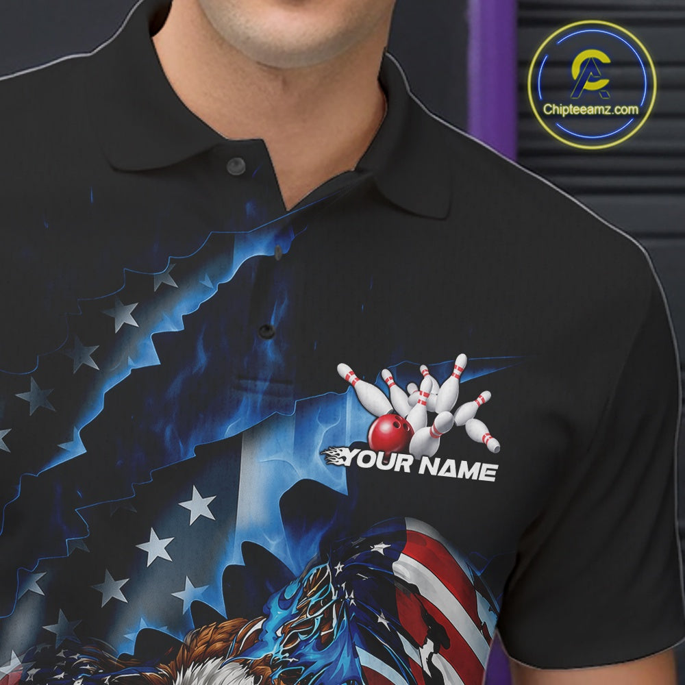 Close up left chest view of a bowling polo shirt with bald eagle gripping a blue bowling ball, flying pins, and American flag background.