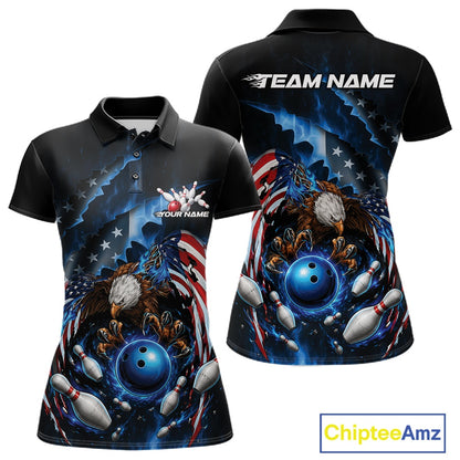 Front and back women’s polo shirt mockup featuring a bald eagle gripping a blue bowling ball with flying pins and American flag artwork.