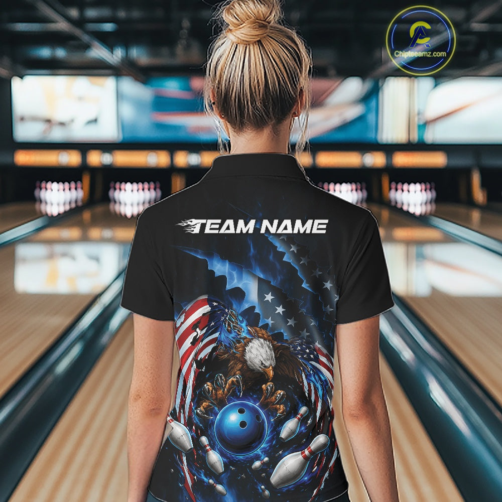 Female model back view in a bowling lane wearing a polo shirt with bald eagle gripping a blue bowling ball, flying pins, and American flag background.