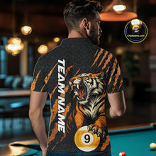 Load image into Gallery viewer, Back view of a male model wearing a polo shirt with a roaring tiger, orange claw marks, and billiard ball graphics.