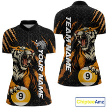 Load image into Gallery viewer, Front and back women’s quarter zip Billiard mockup with a roaring tiger motif, billiard balls, and orange claw mark accents.
