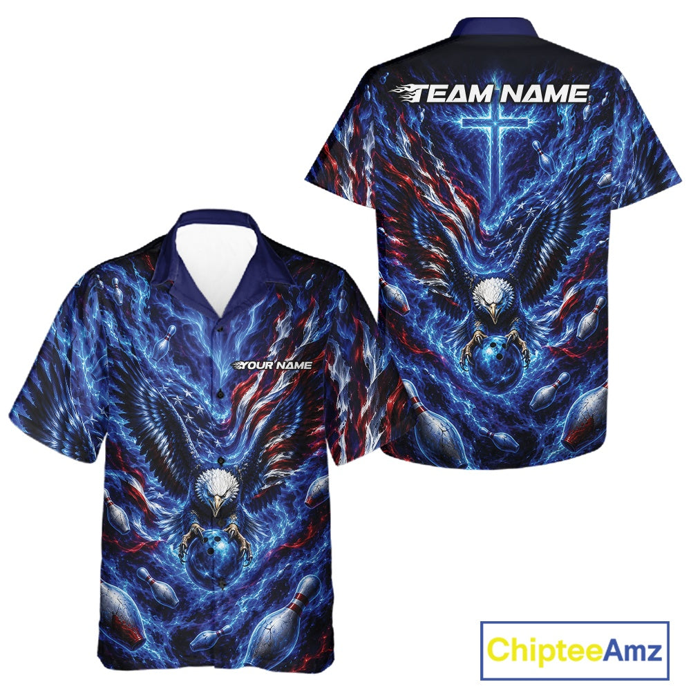 Front and back button up bowling shirt mockup with eagle artwork surrounding a bowling ball, flowing flag elements, and bowling pins.