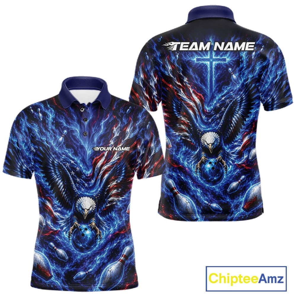 Front and back men’s bowling polo shirt mockup with eagle artwork around a bowling ball, flowing flag elements, and bowling pins.