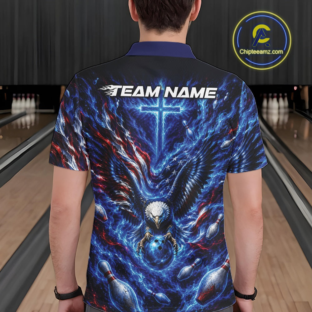 Male model back view in a bowling lane wearing a bowling polo shirt with eagle artwork around a bowling ball, flag elements, and pins.