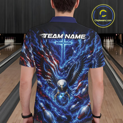 Male model back view in a bowling lane wearing a bowling polo shirt with eagle artwork around a bowling ball, flag elements, and pins.